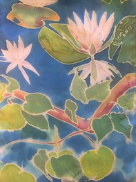 Maurice's Water Lily Pond with dragonflies - one of a kind hand painted silk scarf, Wearable Art